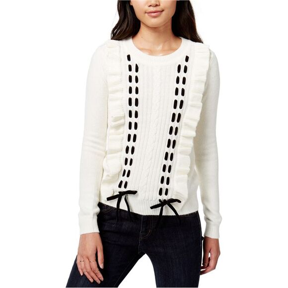 maison Jules Sweaters - maison Jules Womens Ruffled Pullover Sweater, White, XS, DM